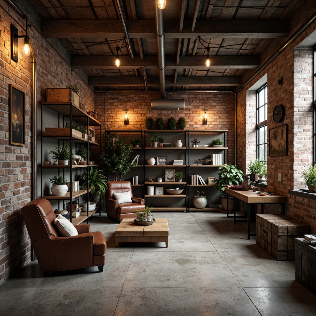 Prompt: Rustic storage room, industrial chic decor, metal shelving units, reclaimed wood accents, exposed brick walls, concrete flooring, Edison bulb lighting, functional metal pipes, distressed leather furniture, vintage machinery parts, urban loft atmosphere, neutral color palette, soft warm lighting, shallow depth of field, 1/1 composition, realistic textures, ambient occlusion.