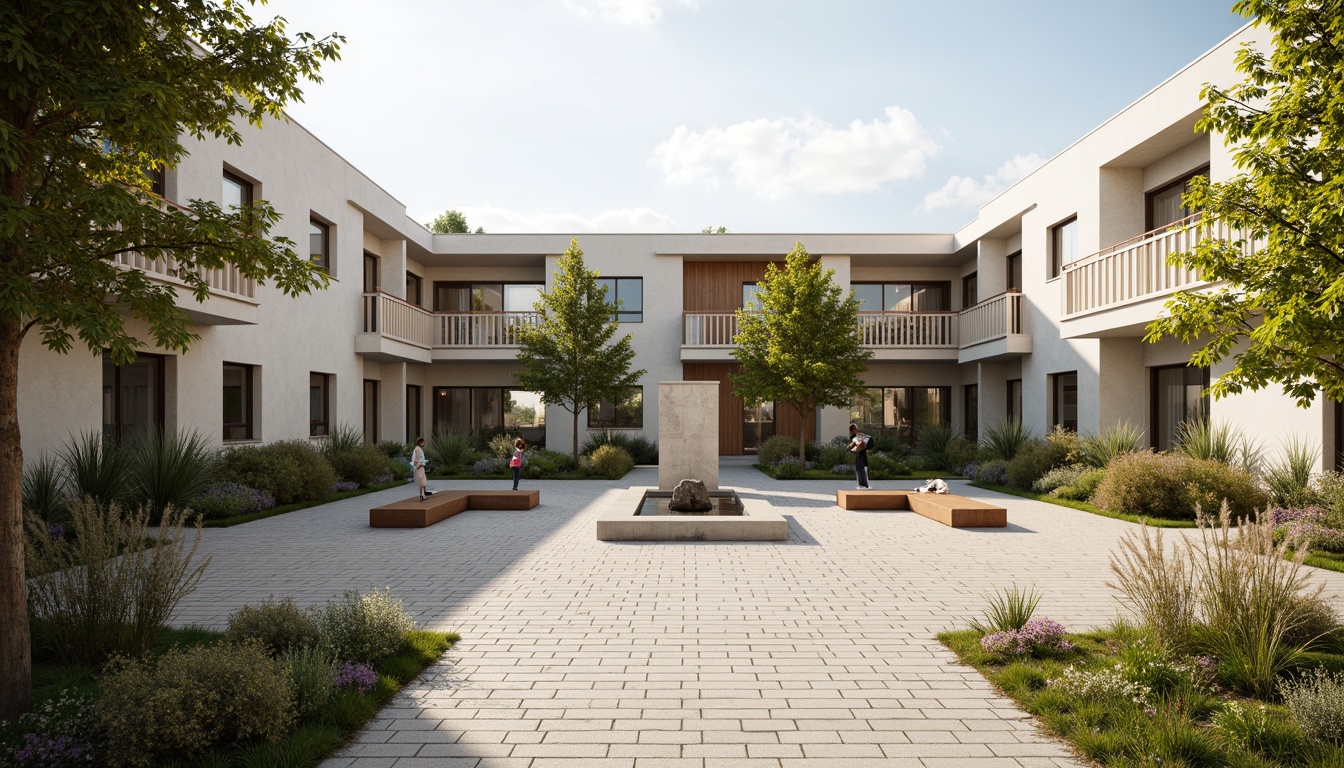 Prompt: Minimalist community center, open courtyard, natural stone flooring, lush greenery, wooden benches, simple water feature, abstract sculptures, neutral color palette, clean lines, minimal ornamentation, abundant natural light, warm soft lighting, shallow depth of field, 1/1 composition, panoramic view, realistic textures, ambient occlusion.