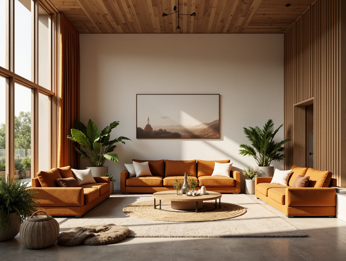 Prompt: Cozy living room, earthy tone color scheme, warm beige walls, rich walnut wood accents, plush velvet sofas, soft golden lighting, natural fiber rugs, potted greenery, subtle geometric patterns, modern minimalist decor, airy open layout, floor-to-ceiling windows, bright sunny day, gentle warm atmosphere, shallow depth of field, 1/1 composition, realistic textures, ambient occlusion.