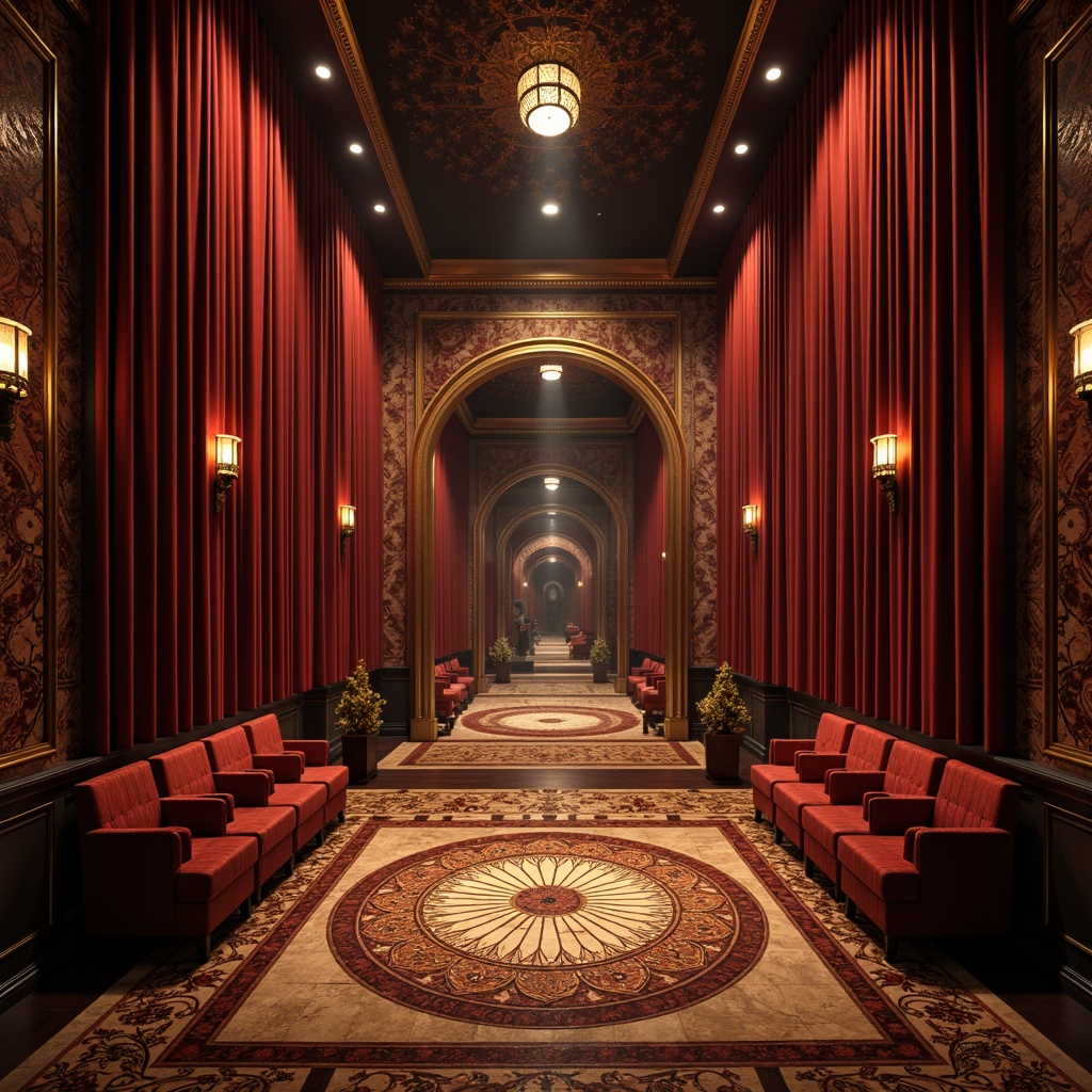 Prompt: Luxurious cinema interior, rich velvet carpets, ornate wooden parquet floors, polished marble surfaces, intricate mosaic patterns, classic film-inspired decorations, golden accents, red curtains, dim warm lighting, atmospheric fog effects, cinematic composition, shallow depth of field, symmetrical framing.