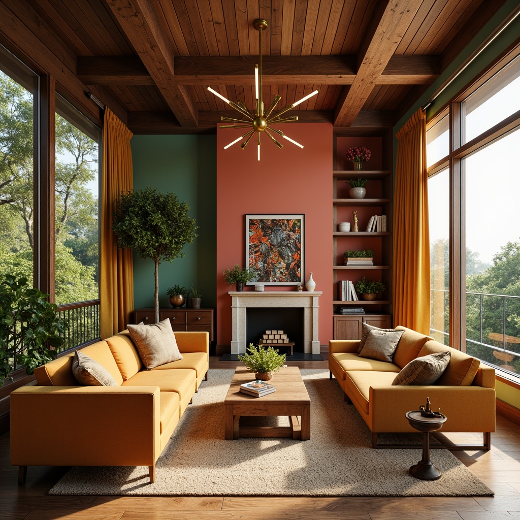 Prompt: Vibrant living room, bold accent walls, rich wooden furniture, plush velvet sofas, metallic gold decor, statement lighting fixtures, warm beige carpeting, soft pastel hues, natural stone fireplace, floor-to-ceiling windows, abundant greenery, dramatic drapery, eclectic art pieces, warm golden hour, soft focus, atmospheric perspective, cinematic composition.