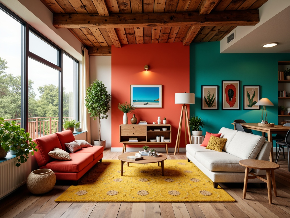 Prompt: Vibrant living room, bold color palette, bright coral walls, turquoise accents, yellow patterned rug, natural wood furniture, bohemian decor, eclectic accessories, greenery plants, floor-to-ceiling windows, abundance of natural light, warm cozy atmosphere, shallow depth of field, 1/1 composition, soft warm lighting, realistic textures.