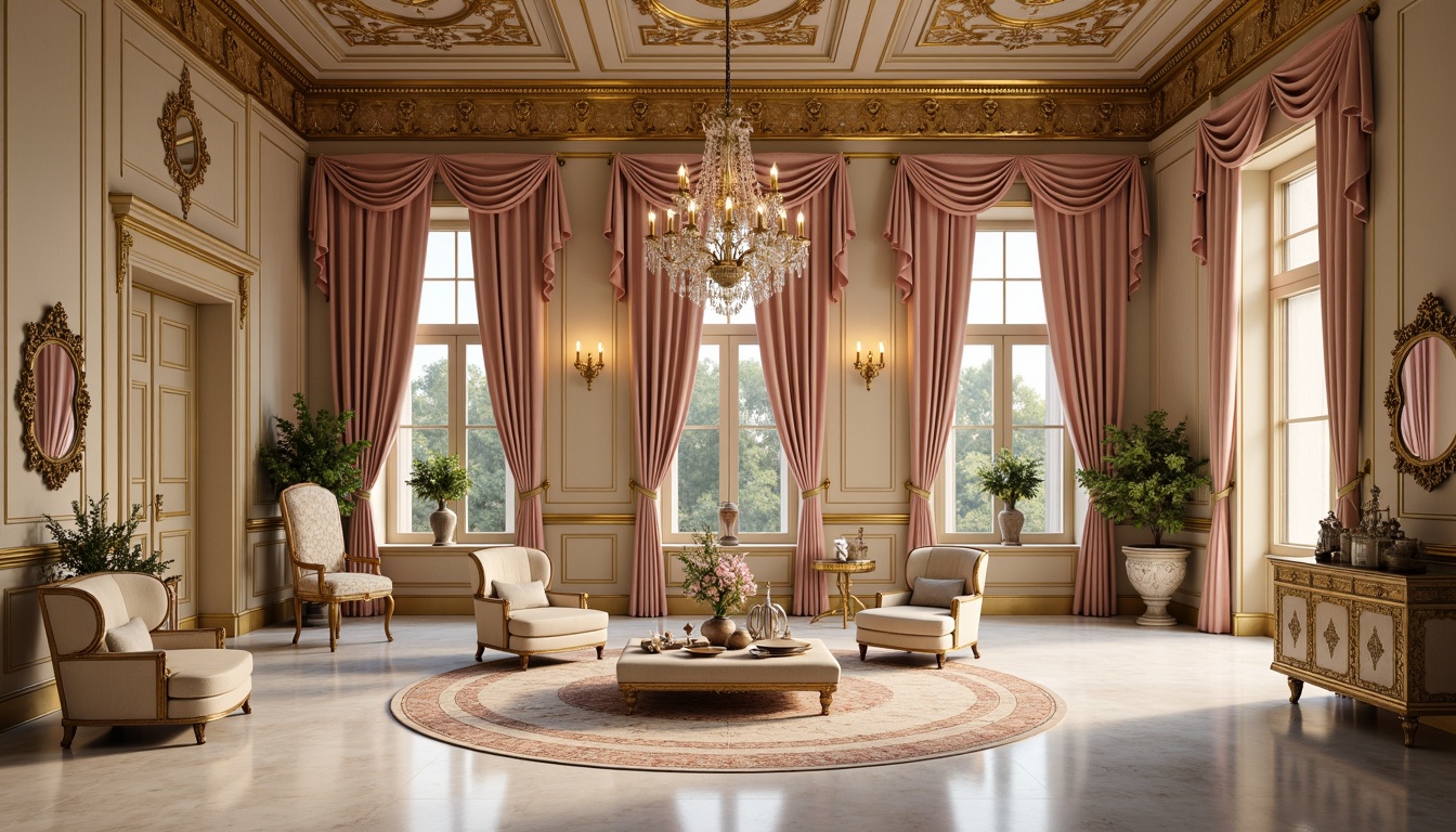 Prompt: Opulent Rococo interior, soft warm beige walls, ornate gold leaf accents, rich velvet fabrics, luxurious silk drapes, intricate Baroque patterns, delicate floral motifs, creamy white marble floors, elegant crystal chandeliers, subtle pink and blue hues, lavish furnishings, indulgent textures, dramatic lighting effects, cinematic 3/4 composition, shallow depth of field, warm golden lighting, ornate mirror frames, exquisite antique furniture pieces.