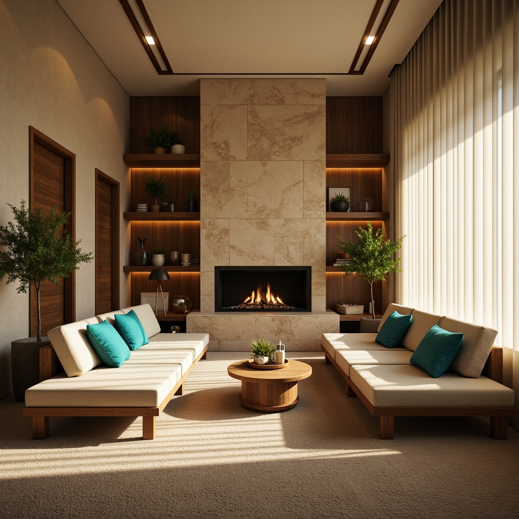 Prompt: Cozy living room, warm beige walls, rich wood accents, plush carpeting, comfortable sofas, vibrant turquoise throw pillows, natural stone fireplace, modern minimalist decor, soft warm lighting, 1/1 composition, realistic textures, ambient occlusion, intimate atmosphere, relaxing ambiance.