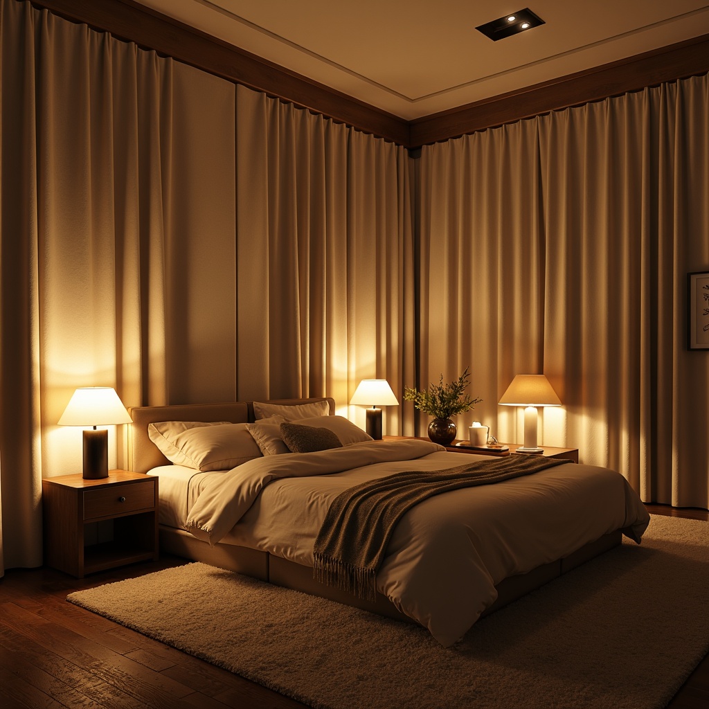 Prompt: Cozy modern bedroom, soft warm glow, table lamps, floor lamps, string lights, LED strips, ambient lighting, task lighting, accent lighting, minimalist decor, low-profile fixtures, matte black finishes, sleek glass shades, fabric-covered walls, plush carpets, comfortable seating areas, relaxation zones, calming color schemes, warm beige tones, soft pastel hues, gentle illumination, 1/2 composition, shallow depth of field, realistic textures, subtle shadows.