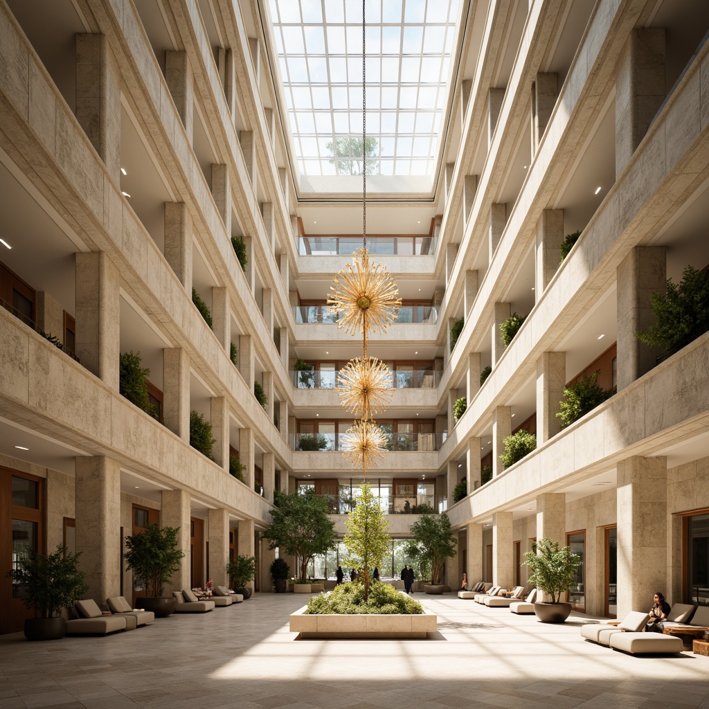 Prompt: Luxurious hotel lobby, high ceilings, grand chandeliers, marble floors, spacious atrium, floor-to-ceiling windows, clerestory windows, skylights, natural stone walls, minimalist decor, warm beige tones, soft diffused lighting, morning sunlight, 1/1 composition, realistic textures, ambient occlusion.