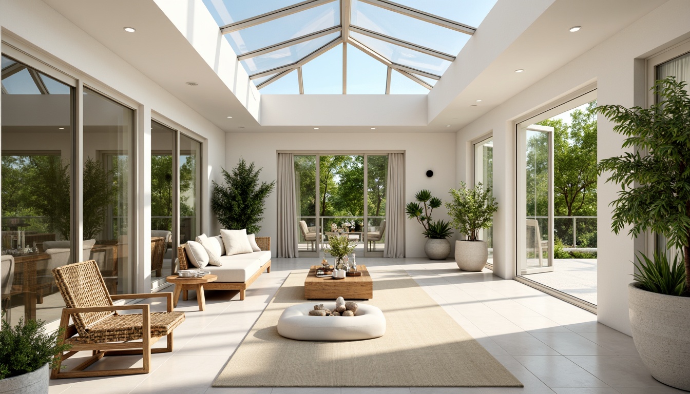 Prompt: Bright sunroom interior, large south-facing windows, sliding glass doors, transparent roof panels, white walls, light-colored flooring, minimalist decor, lush greenery, potted plants, natural textiles, woven rattan furniture, soft cushions, ambient warm lighting, gentle shadows, 1/1 composition, shallow depth of field, realistic reflections.