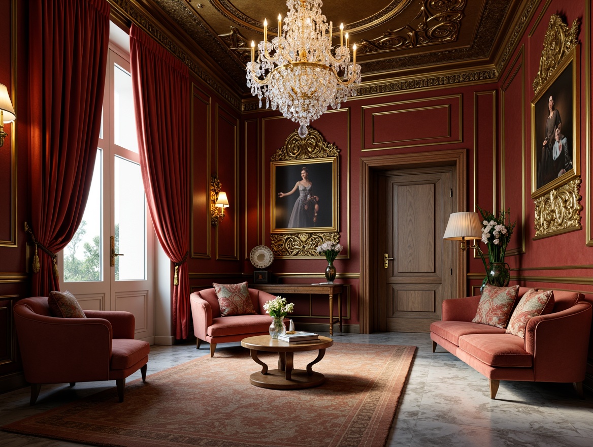 Prompt: Rich velvet drapes, ornate golden frames, lavish crystal chandeliers, polished marble floors, opulent silk fabrics, intricately carved wooden panels, sleek metallic accents, sumptuous leather upholstery, soft warm lighting, shallow depth of field, 3/4 composition, realistic textures, ambient occlusion.