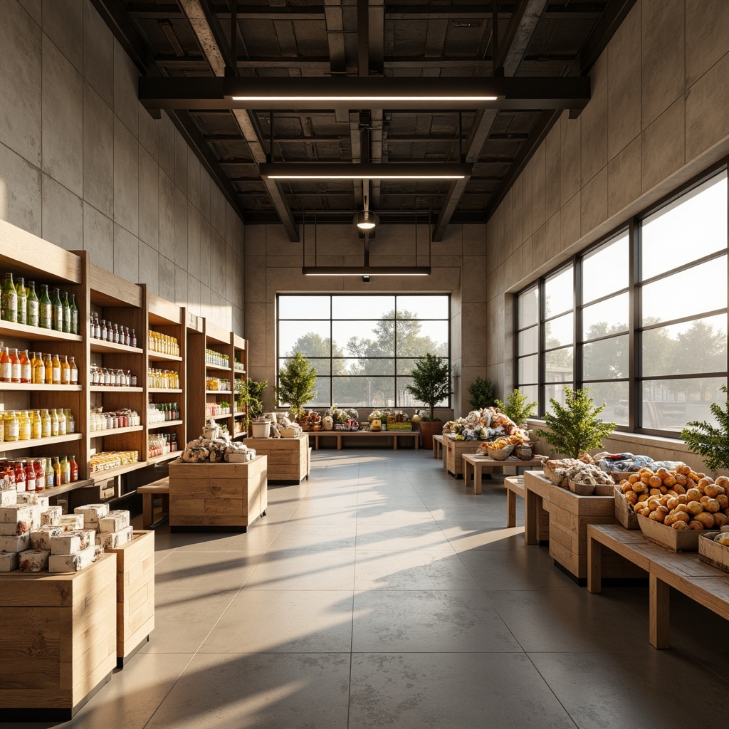 Prompt: Minimalist grocery store, soft warm lighting, natural daylight, subtle shadows, clean lines, simple shelves, industrial-chic decor, exposed concrete walls, polished metal accents, matte finishes, recessed lighting, hidden LED strips, ambient glow, 1/1 composition, shallow depth of field, realistic textures, gentle color palette, neutral tones, soft pastels, calming atmosphere.