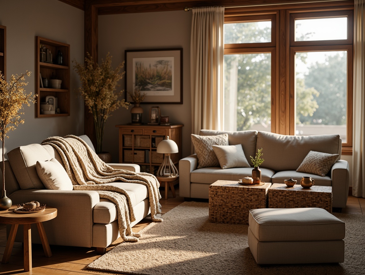 Prompt: Cozy living room, plush throw blankets, soft velvet sofas, warm beige armchairs, rustic wooden coffee tables, woven wicker baskets, natural fiber rugs, earthy tone color palette, dimmed warm lighting, comfortable oversized pillows, chunky knit throws, Sherpa-lined fabrics, cable-knit patterns, organic cotton materials, subtle texture contrasts, inviting intimate spaces, relaxing ambiance, autumnal afternoon atmosphere.