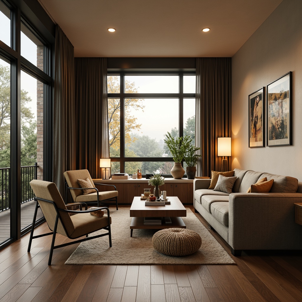 Prompt: Cozy living room, plush sectional sofa, ergonomic chairs, wooden coffee table, soft cushions, warm ambient lighting, natural oak flooring, minimalist decor, comfortable reading nook, floor-to-ceiling windows, calming color palette, textured throw blankets, functional storage ottomans, sleek metal legs, adjustable headrests, sturdy frame construction, inviting atmosphere, relaxing ambiance, 1/2 composition, soft focus effect, warm golden lighting.