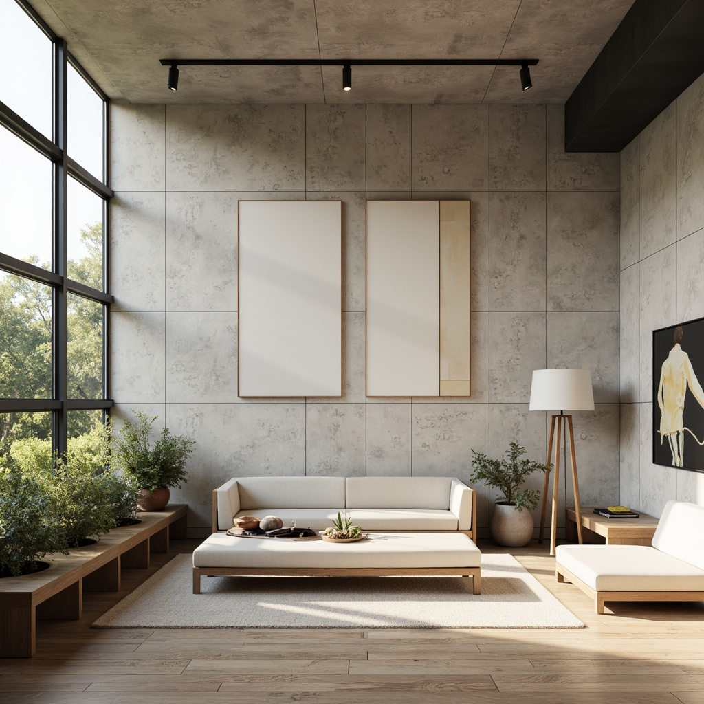 Prompt: Monochromatic interior, sleek lines, minimal ornamentation, textured concrete walls, rough-hewn wooden floors, industrial metal accents, subtle natural light, sparse greenery, modern minimalist furniture, low-profile seating, abstract art pieces, warm beige tones, creamy whites, soft grays, shallow depth of field, 1/1 composition, realistic textures, ambient occlusion.