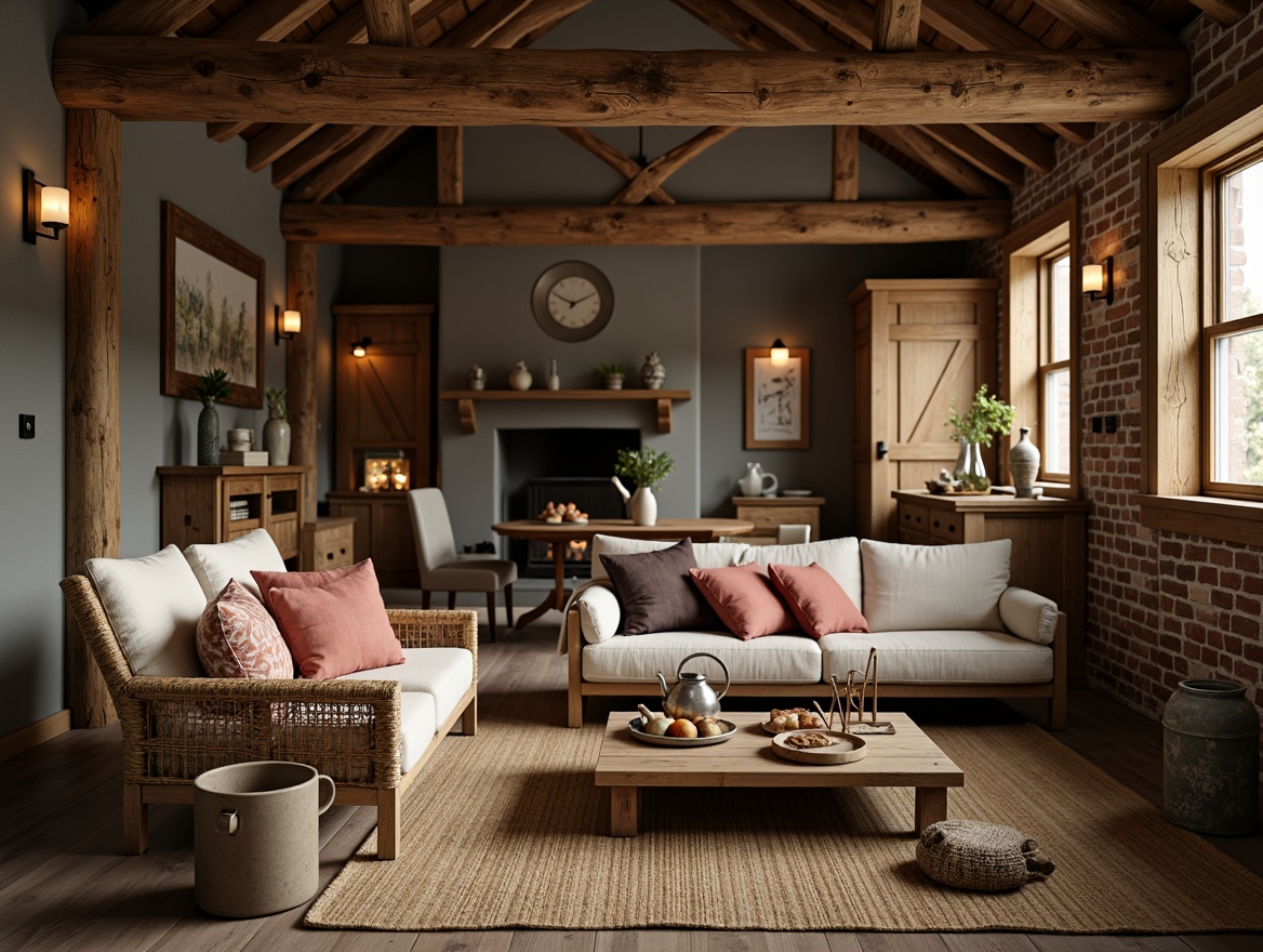 Prompt: Rustic farmhouse interior, vintage wooden furniture, distressed finishes, earthy color palette, natural textiles, linen upholstery, woven baskets, antique metalware, exposed brick walls, wooden beams, cozy candlelight, soft warm ambiance, shallow depth of field, 1/1 composition, realistic wood grain textures, ambient occlusion.