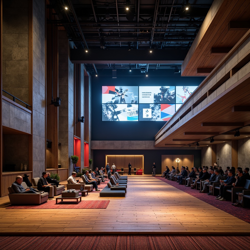 Prompt: Minimalist theater interior, sleek wooden floor, sparse audience seating, avant-garde stage design, industrial metal beams, exposed concrete walls, dramatic spot lighting, bold color accents, geometric patterned rugs, low-profile chairs, cantilevered balconies, futuristic LED displays, ambient sound systems, shallow depth of field, 2/3 composition, cinematic camera angles, realistic fabric textures, subtle atmospheric effects.