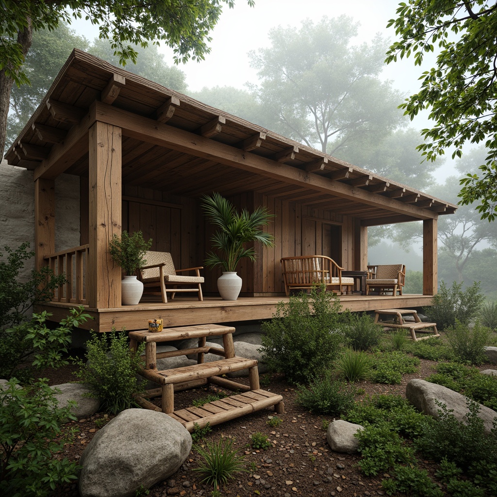 Prompt: Rustic wooden cabin, natural stone foundation, earthy color palette, reclaimed wood accents, woven bamboo furniture, organic textiles, botanical patterns, lush greenery surroundings, misty morning atmosphere, soft warm lighting, shallow depth of field, 3/4 composition, panoramic view, realistic textures, ambient occlusion.