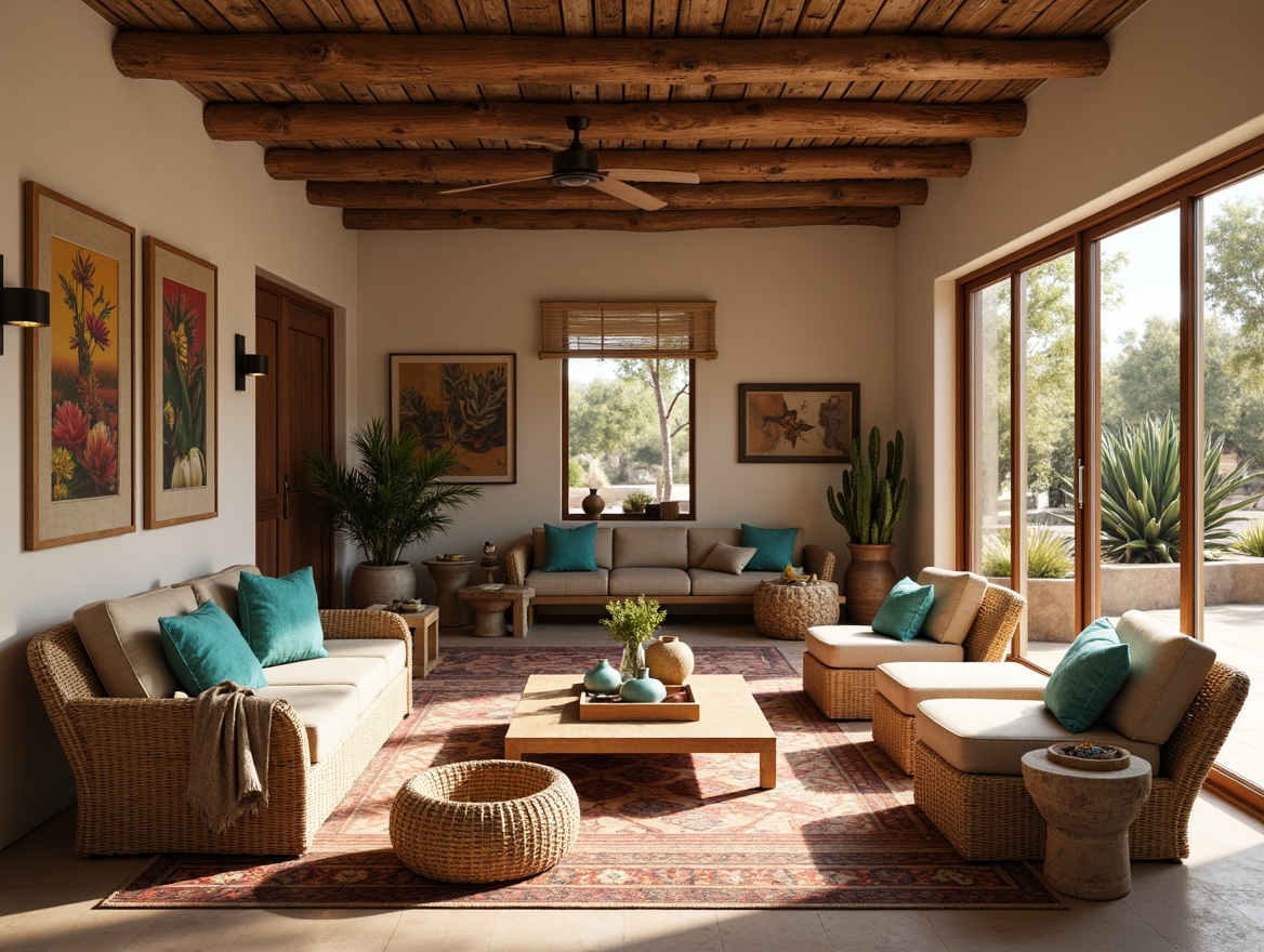 Prompt: Southwestern-style interior, earthy tone color palette, natural textures, woven baskets, rattan furniture, clay pottery, vibrant turquoise accents, geometric patterns, tribal-inspired rugs, adobe-style walls, wooden ceiling beams, large windows, sliding glass doors, desert botanicals, cacti plants, warm sunny lighting, soft shadows, 1/1 composition, symmetrical balance, harmonious proportions.