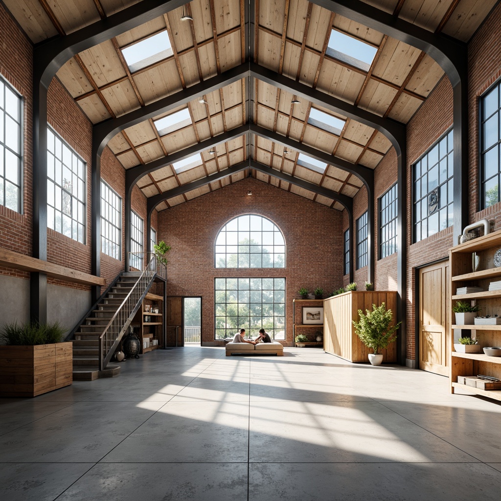 Prompt: Minimalist warehouse interior, Scandinavian aesthetic, high ceilings, exposed ductwork, polished concrete floors, industrial chic decor, abundant natural light, large skylights, steel beams, reclaimed wood accents, functional shelving units, modern metal staircase, open-plan layout, airy atmosphere, soft warm lighting, 1/1 composition, realistic textures, ambient occlusion.