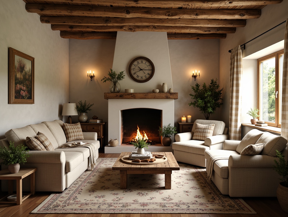 Prompt: Cozy farmhouse living room, vintage floral patterns, rustic woven fabrics, natural linen upholstery, distressed wood furniture, earthy color palette, warm candlelight, plush throw blankets, traditional rug designs, classic checked curtains, soft billowy drapes, organic cotton textures, hand-stitched embroidery, natural fiber materials, country-inspired accents, warm beige tones, inviting atmosphere, shallow depth of field, 1/1 composition, realistic fabrics rendering.