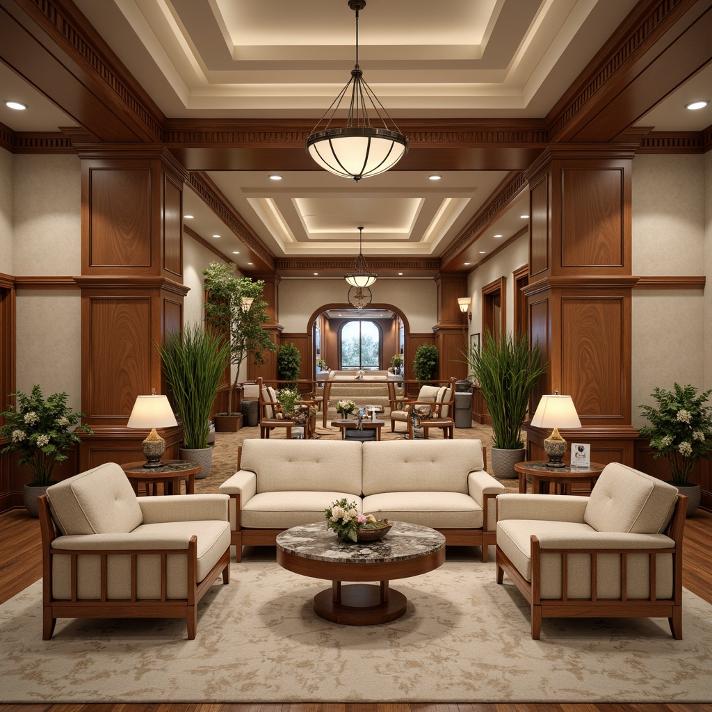 Prompt: Elegant healthcare center, symmetrical furniture arrangement, rich wooden tones, ornate details, comfortable sofas, plush armchairs, classic coffee tables, refined lighting fixtures, subtle color palette, calming atmosphere, spacious waiting areas, grand entrance halls, sweeping staircases, intricate moldings, luxurious carpets, warm beige walls, soft cream accents, subtle patterned fabrics, serene ambiance, warm natural light, shallow depth of field, 1/2 composition, realistic textures, ambient occlusion.