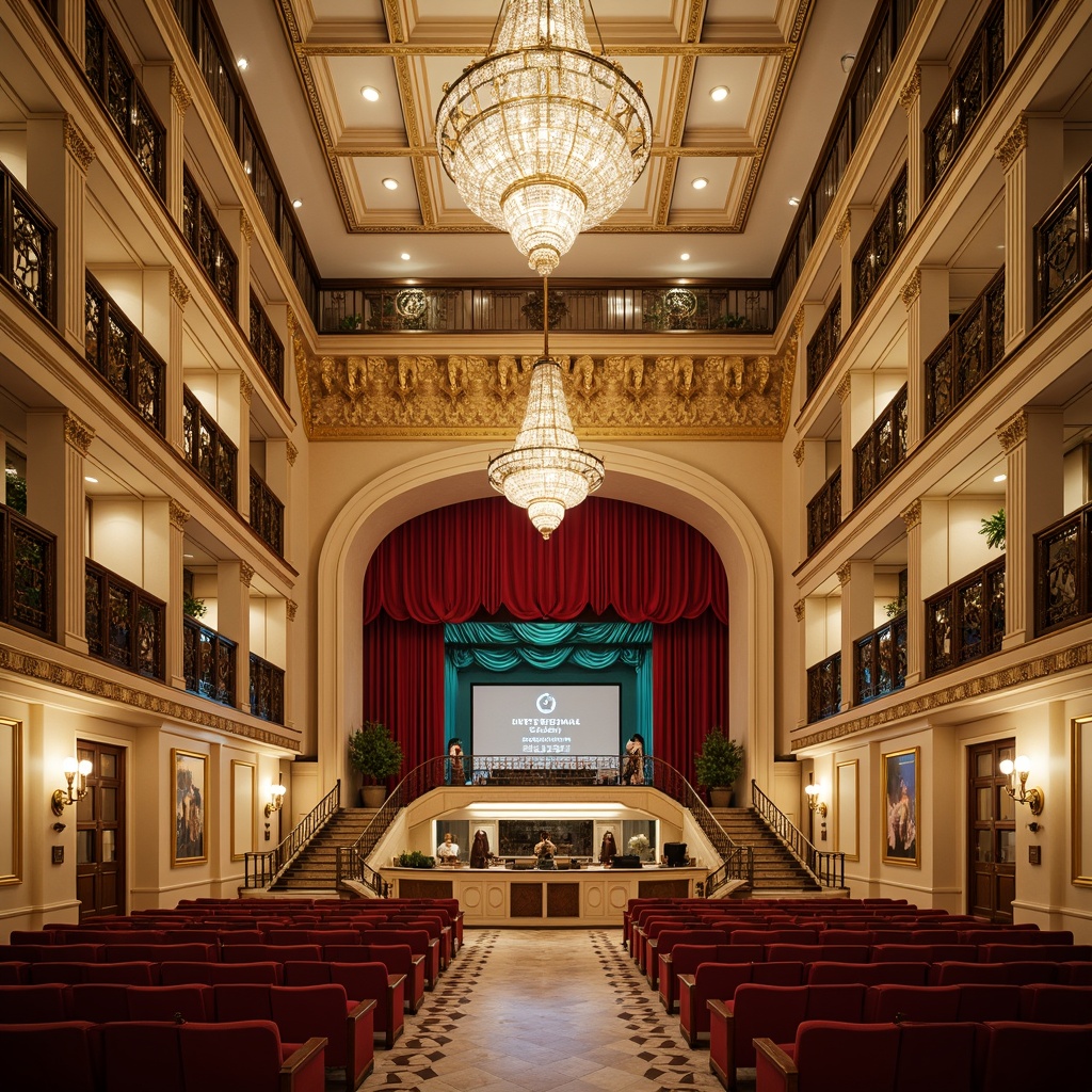 Prompt: Grand opera house interior, lavish chandeliers, ornate golden details, rich velvet fabrics, majestic staircases, intricate moldings, opulent furnishings, dramatic red curtains, crystal sconces, warm beige walls, luxurious marble floors, soft diffused lighting, 1/1 composition, symmetrical architecture, vibrant turquoise accents, elegant cream columns, refined dark wood trim, ornamental bronze fixtures, sophisticated ambient glow.