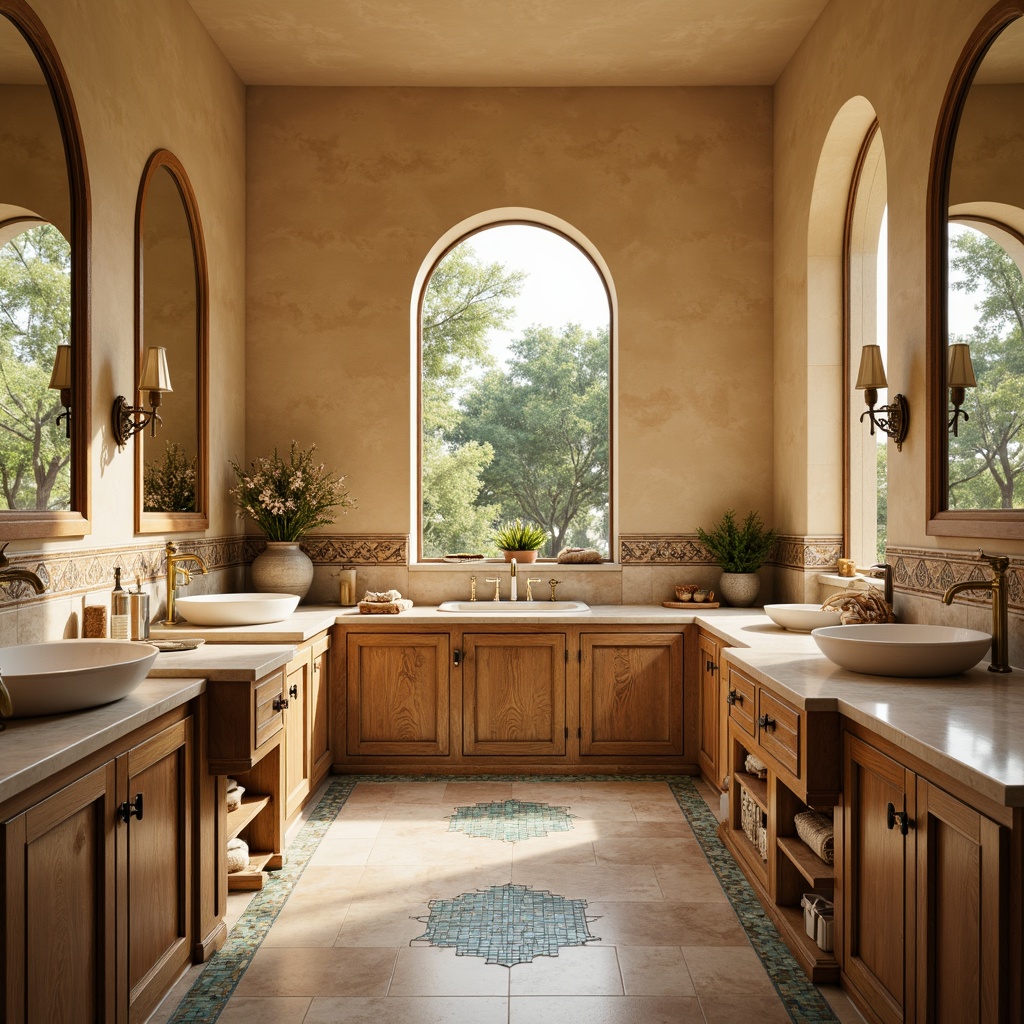 Prompt: Mediterranean-style bathroom, warm beige walls, creamy marble countertops, ornate tile accents, hand-painted ceramic tiles, turquoise glass mosaics, natural stone flooring, distressed wooden cabinets, bronze fixtures, soft golden lighting, shallow depth of field, 3/4 composition, realistic textures, ambient occlusion.