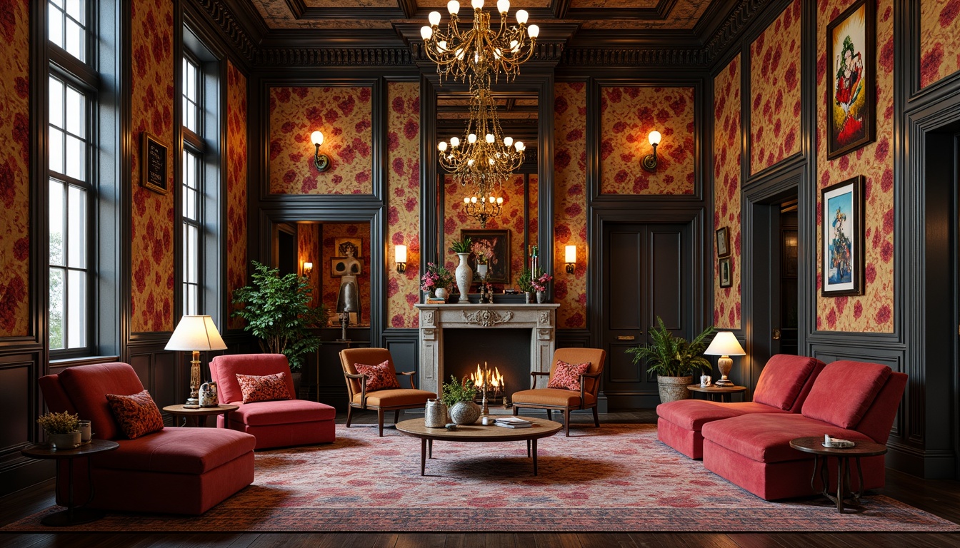 Prompt: Richly ornamented interior walls, luxurious velvety textures, bold graphic patterns, eclectic mix of materials, distressed wood finishes, metallic accents, ornate mirrors, lavish furnishings, opulent chandeliers, intricate moldings, vibrant color schemes, playful juxtapositions, surrealistic artwork, whimsical decorative accessories, dramatic lighting effects, intense shadows, 1/1 composition, high-contrast rendering, detailed normal maps.