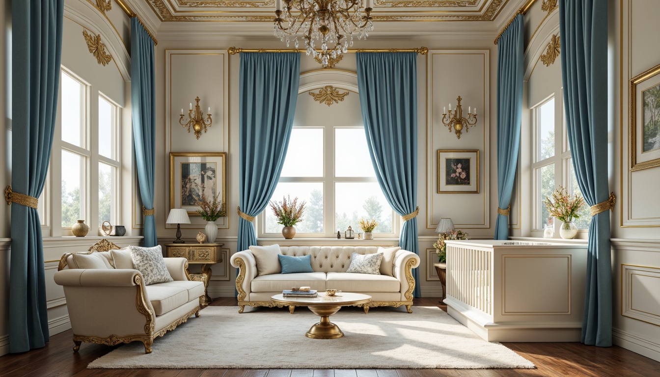 Prompt: Opulent baby blue nursery, rich velvet drapes, ornate gold accents, intricate wooden carvings, lavish crystal chandeliers, soft cream furnishings, delicate lace trim, subtle sheen fabrics, warm beige backgrounds, subtle Baroque patterns, elegant curved lines, sophisticated Rococo influences, gentle morning light, soft focus photography, shallow depth of field, 1/2 composition, realistic textures, ambient occlusion.