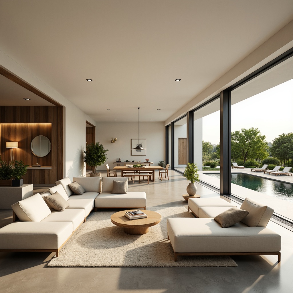 Prompt: Minimalist villa, creamy white walls, polished concrete floors, sleek wooden accents, floor-to-ceiling windows, sliding glass doors, natural light pouring in, soft warm ambiance, cozy reading nooks, plush sectional sofas, minimalist decor, greenery views, outdoor courtyards, water features, serene atmosphere, shallow depth of field, 1/1 composition, warm color palette, soft focus, realistic textures.