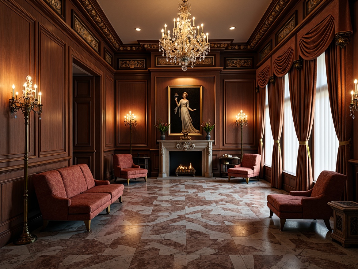 Prompt: Elegant mansion interior, ornate furnishings, carved wooden panels, velvet upholstery, gilded frames, marble floors, crystal chandeliers, intricate moldings, luxurious fabrics, rich textiles, subtle lighting, warm color palette, classical proportions, symmetrical composition, 1/1 aspect ratio, realistic reflections, ambient occlusion, detailed normal maps.