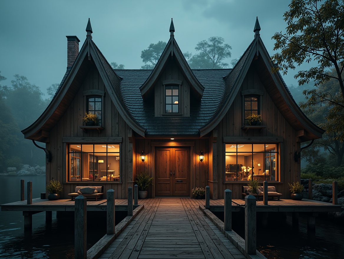 Prompt: Rustic boathouse, Gothic arches, pointed steeples, intricate stone carvings, wooden dock, weathered wooden planks, ornate metal fixtures, lantern-style lighting, stained glass windows, heavy wooden doors, mysterious misty atmosphere, eerie twilight, soft warm glow, low-key lighting, cinematic composition, atmospheric perspective, detailed textures, ambient occlusion.Please let me know if this meets your requirements!