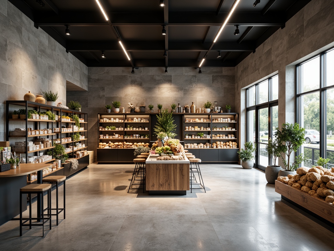 Prompt: Minimalist grocery store interior, clean lines, monochromatic color scheme, industrial chic shelving, reclaimed wood accents, polished concrete floors, modern LED lighting, simple signage, open floor plan, efficient product placement, minimal decor, natural textures, abundant natural light, shallow depth of field, 1/2 composition, warm atmosphere, realistic reflections.