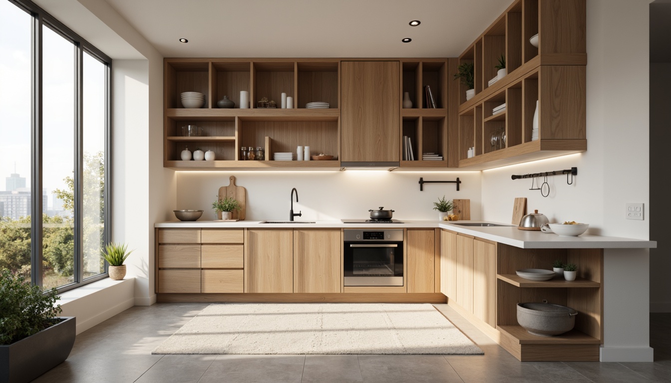 Prompt: Minimalist kitchen cabinetry, handle-free doors, sleek wooden surfaces, matte white countertops, stainless steel appliances, industrial-style lighting fixtures, open shelving units, natural stone flooring, Scandinavian-inspired design, airy spacious atmosphere, warm soft lighting, shallow depth of field, 1/1 composition, realistic wood textures, ambient occlusion.