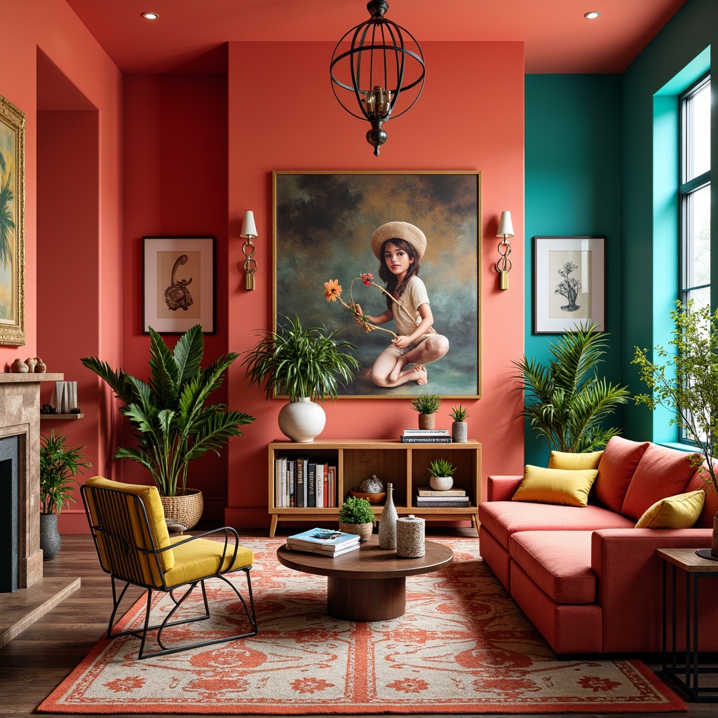 Prompt: Vibrant accent walls, bold patterned rugs, eclectic decorative objects, bright coral hues, sunny yellow accents, deep turquoise tones, lush greenery, natural wood textures, sleek metal frames, ornate mirrors, luxurious velvet fabrics, rich jewel-toned accessories, whimsical artwork, playful lighting fixtures, statement furniture pieces, 1/1 composition, high-contrast colors, shallow depth of field, warm soft lighting.