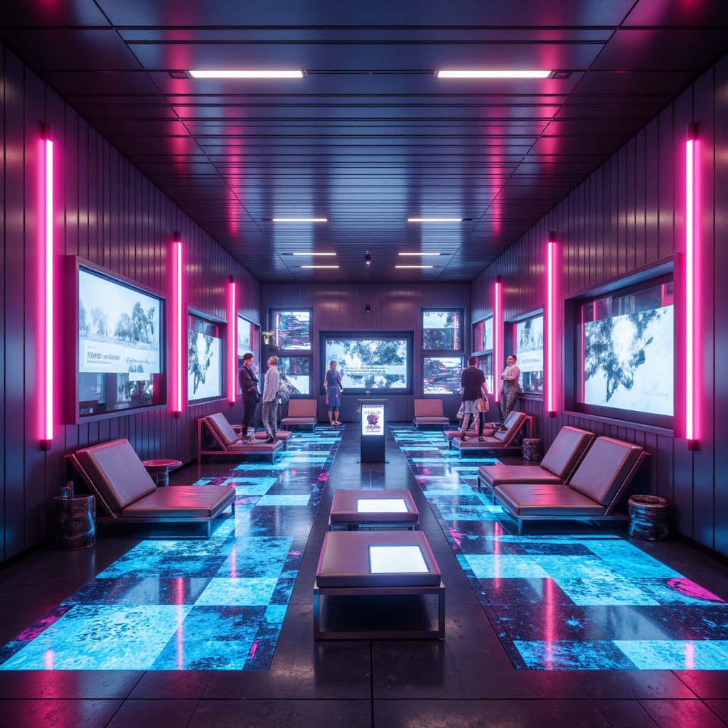 Prompt: Futuristic interior, sleek metal walls, neon-lit accents, vibrant pink highlights, glowing blue strips, iridescent glass surfaces, minimalist furniture, holographic displays, ambient LED lighting, polished chrome floors, geometric patterns, avant-garde decor, cutting-edge technology, high-tech gadgets, virtual reality interfaces, 3D projections, panoramic views, shallow depth of field, cinematic composition.