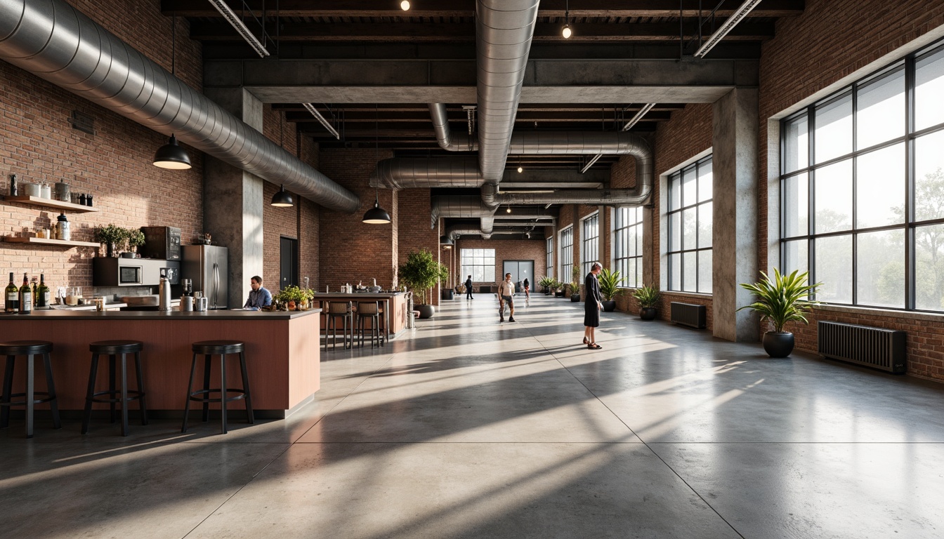 Prompt: Polished concrete floors, industrial chic aesthetic, exposed ductwork, metal beams, reclaimed wood accents, minimalist decor, functional lighting fixtures, urban loft atmosphere, distressed brick walls, vintage machinery displays, neutral color palette, matte finishes, subtle texture variations, natural light pouring in, high ceilings, open space layout, 1/1 composition, realistic reflections, ambient occlusion.