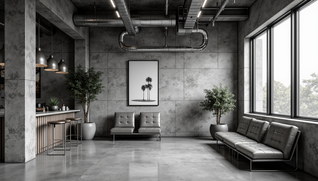 Prompt: Monochromatic interior, industrial materials, exposed brick walls, polished concrete floors, minimalist decor, geometric shapes, clean lines, functional furniture, tubular steel chairs, leather sofas, industrial lighting fixtures, metal lampshades, sparse greenery, abstract artwork, neutral color palette, natural textures, 1/1 composition, high contrast lighting, dramatic shadows, realistic reflections.