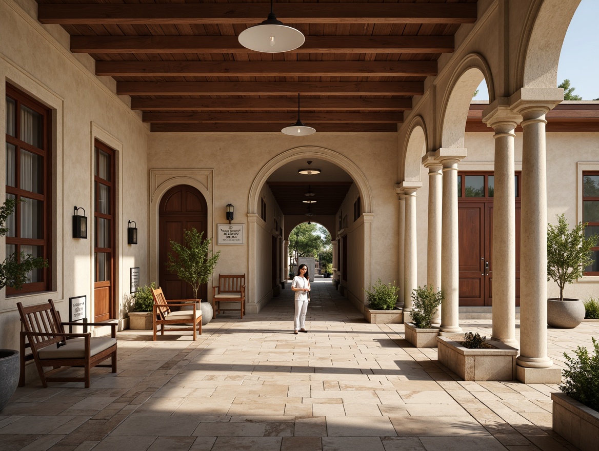 Prompt: Rustic healthcare center, classical fa\u00e7ade, ornate columns, grand entrance, wheelchair ramps, Braille signage, wide corridors, natural stone flooring, wooden accents, comfortable waiting areas, soothing color palette, warm lighting, shallow depth of field, 1/1 composition, panoramic view, realistic textures, ambient occlusion.Please let me know if this meets your requirements!