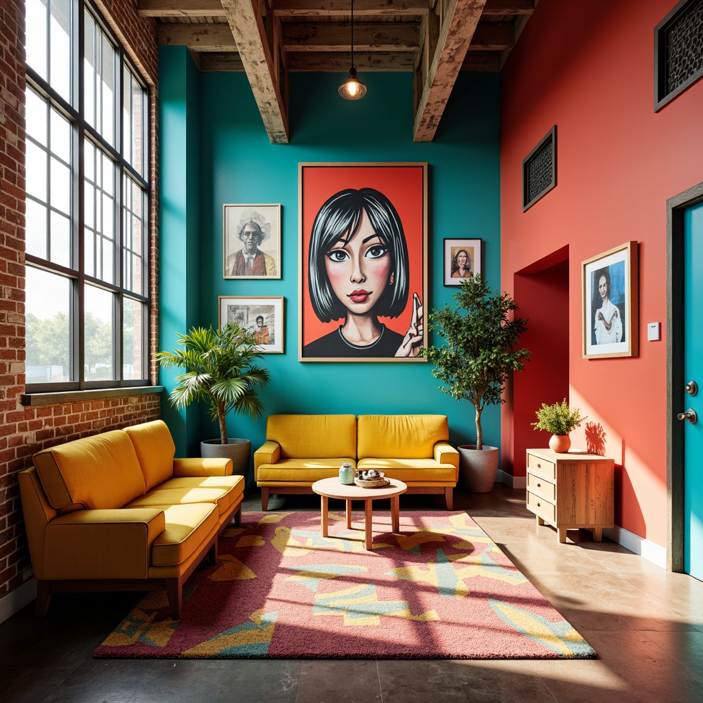 Prompt: Vibrant high school interior, bold expressionist artwork, eclectic color palette, bright coral walls, turquoise accents, yellow furniture, abstract murals, geometric patterns, textured rugs, industrial metal beams, reclaimed wood floors, natural light pouring in, warm cozy atmosphere, soft focus, shallow depth of field, 1/2 composition, realistic textures, ambient occlusion.Please let me know if this meets your expectations!