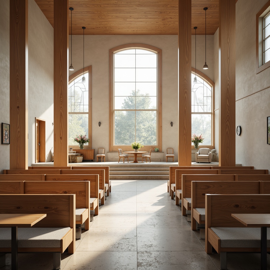 Prompt: Modern church interior, minimalist decor, sleek wooden pews, stained glass windows, high ceilings, natural light pouring in, open floor plan, flexible seating arrangements, communal tables, comfortable cushions, subtle color schemes, ambient lighting, soft shadows, 1/1 composition, symmetrical balance, airy atmosphere, peaceful ambiance, warm wood tones, neutral fabric textures, gentle curves, geometric patterns, spiritual symbols, abstract artwork, serene atmosphere, morning light, shallow depth of field.