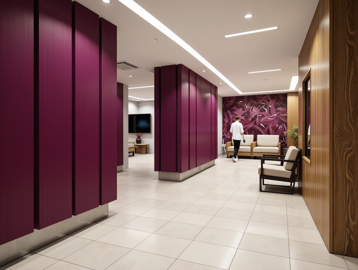 Prompt: Rich plum accent walls, modern clinic interior, sleek minimalism, high-gloss finishes, subtle texture contrasts, metallic trim details, LED lighting strips, calming atmosphere, spacious waiting areas, comfortable seating, natural wood accents, sophisticated color palette, bold geometric patterns, large format wall art, warm ambient lighting, shallow depth of field, 1/2 composition, realistic material renderings.