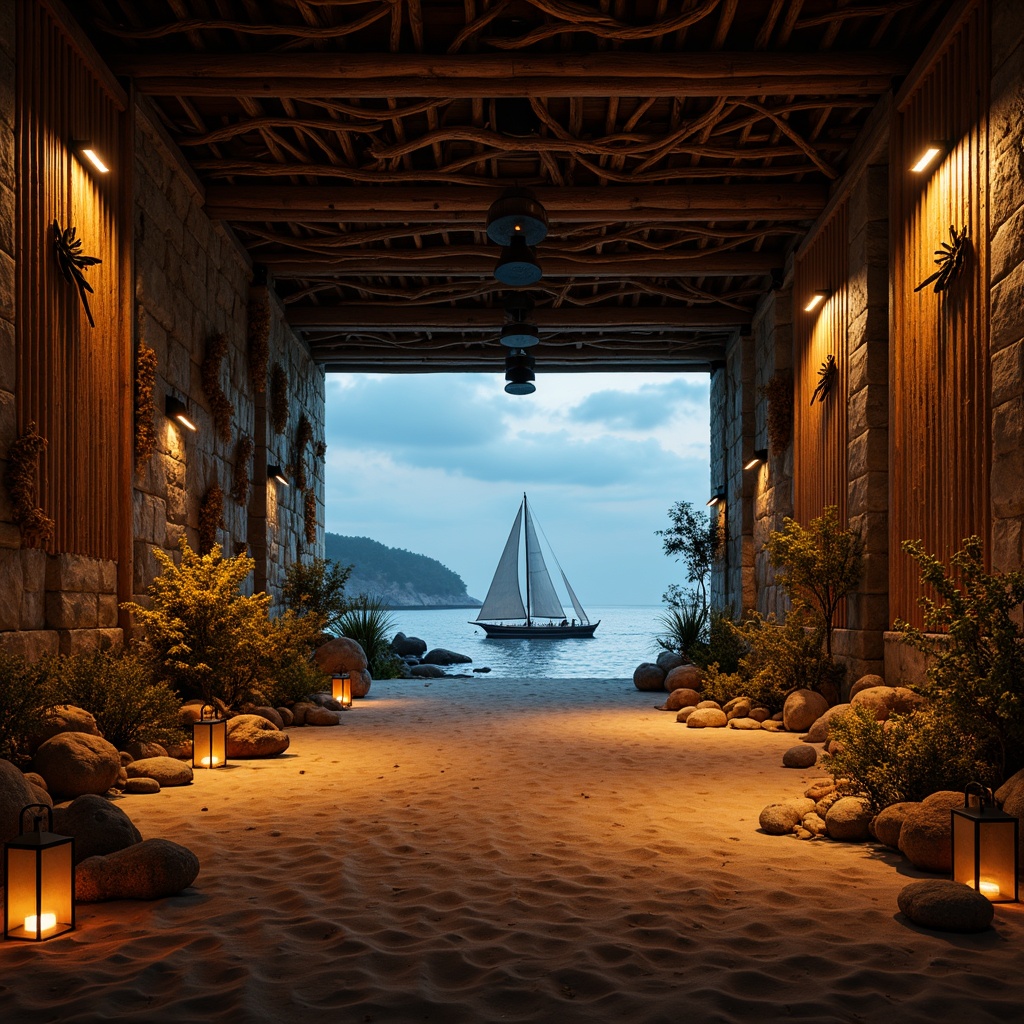 Prompt: Coastal theater, warm sandy beach, gentle sea breeze, soft blue sky, sailboat silhouettes, driftwood decorations, natural stone walls, wooden accents, nautical ropes, vintage lanterns, warm golden lighting, subtle color temperature, high contrast ratios, dramatic spotlights, LED strip lights, fiber-optic starry night ceiling, ambient occlusion, realistic water reflections, misty morning atmosphere, soft focus background, 1/2 composition, cinematic framing.