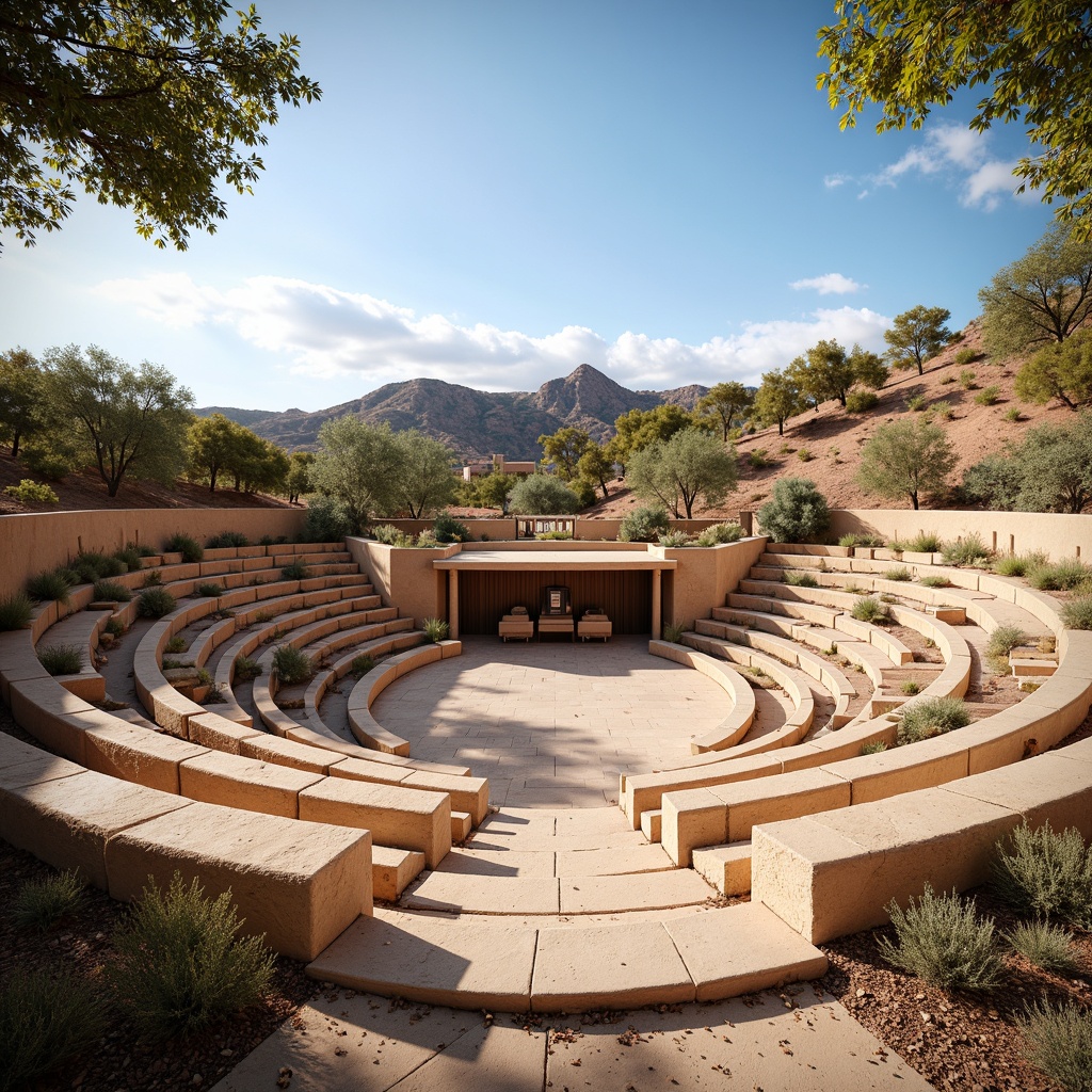 Prompt: Southwestern amphitheater, natural stone seating, curved architecture, desert landscape, sandy dunes, cactus plants, clear blue sky, warm sunny day, optimal sound quality, acoustic design, professional audio equipment, speakers, subwoofers, microphones, mixing consoles, soundproofing materials, reverberation control, resonance reduction, echo suppression, detailed sound mapping, 3D audio simulation, realistic sound propagation, panoramic view, shallow depth of field, 1/1 composition, soft warm lighting.