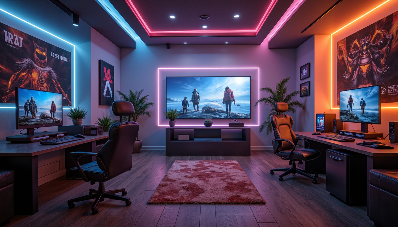 Prompt: Cosy game room, warm ambient lighting, soft glow LED strips, futuristic neon accents, sleek metal tables, high-tech gaming PCs, vibrant colourful keyboards, ergonomic gaming chairs, rich wood flooring, dark grey walls, atmospheric mist, cinematic camera angles, shallow depth of field, 3/4 composition, panoramic view, realistic textures, subtle lens flares.