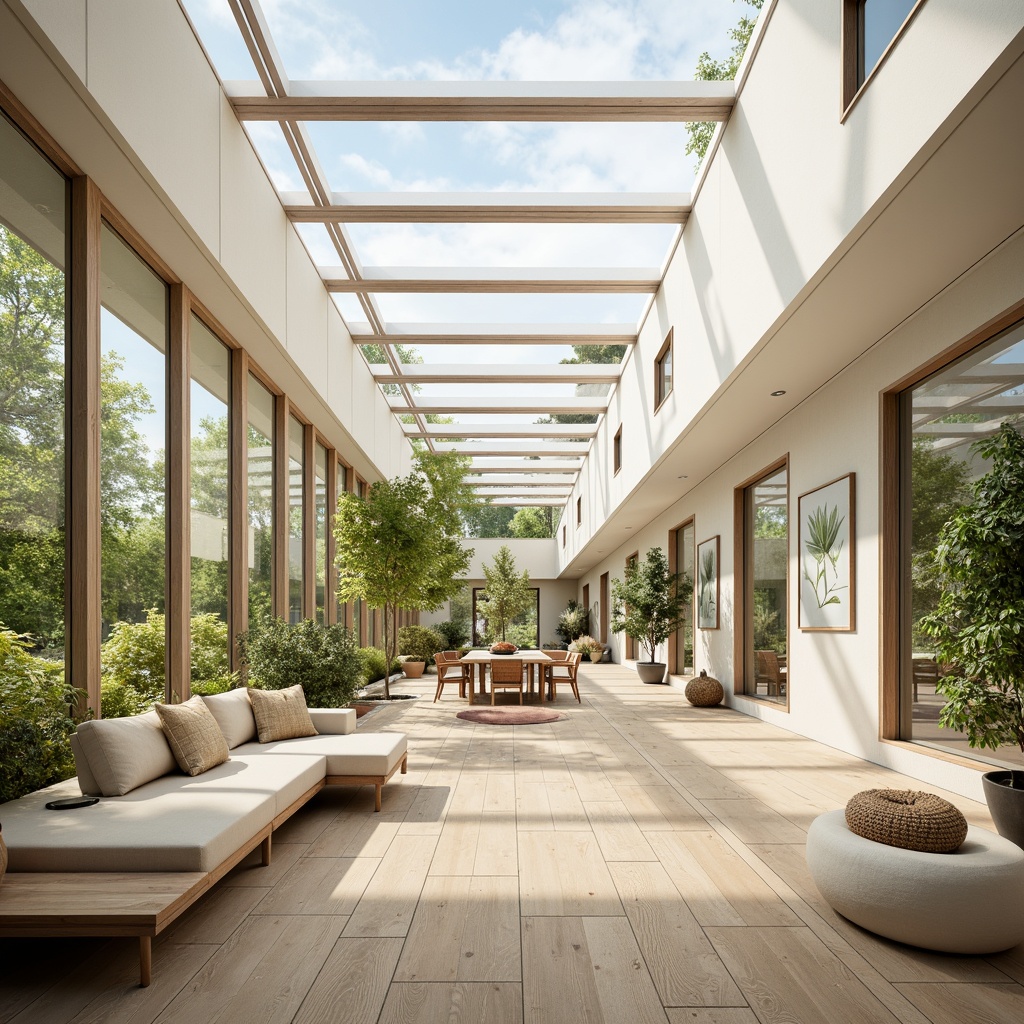 Prompt: Airy interior, floor-to-ceiling windows, minimal window frames, reflective glass surfaces, clerestory windows, skylights, open floor plan, white walls, polished wooden floors, minimalist decor, natural textiles, greenery, potted plants, botanical prints, warm beige tones, soft diffused lighting, 1/1 composition, shallow depth of field, panoramic view.