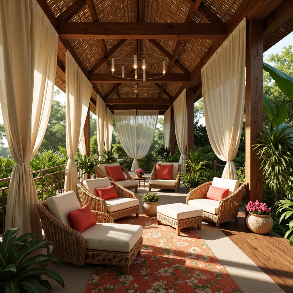 Prompt: Warm tropical ambiance, natural materials, rattan furniture, woven textiles, lush greenery, exotic plants, warm beige walls, wooden accents, soft diffused lighting, table lamps, floor lamps, pendant lights, linen shades, creamy white curtains, sheer drapery, cozy reading nooks, plush area rugs, comfortable seating areas, relaxing atmosphere, calming color palette, natural wood tones, woven bamboo ceilings, tropical flower patterns, vibrant coral hues, sunny day, soft warm glow, shallow depth of field, 1/1 composition, realistic textures.