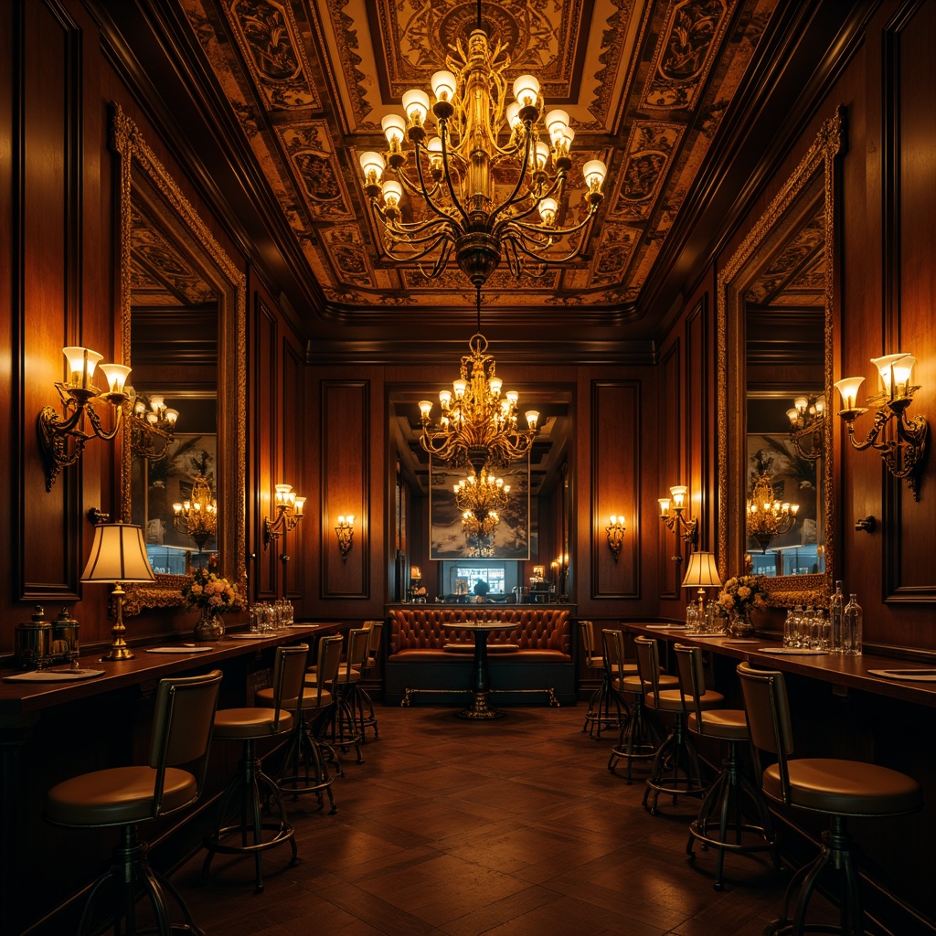 Prompt: Richly ornamented chandeliers, warm golden lighting, lavish candelabras, intricately designed sconces, antique bronze fixtures, ornate metalwork, luxurious velvet drapes, dark wood paneling, ornamental mirrors, vintage posters, elegant bar stools, polished brass accents, mysterious ambiance, dimly lit corners, dramatic shadows, cinematic atmosphere, 1/2 composition, warm color tone, soft focus, atmospheric lighting.