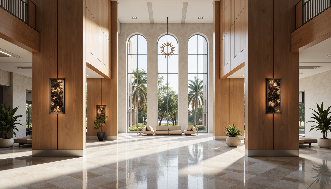 Prompt: Polished marble floors, sleek wooden panels, minimalist stone tiles, subtle metallic accents, modern geometric patterns, neutral color palette, airy open spaces, natural light pouring in, stained glass windows, abstract spiritual symbols, subtle texture variations, elegant archways, refined column designs, sophisticated pendant lighting, soft warm ambiance, shallow depth of field, 1/1 composition, symmetrical framing, realistic material renderings.