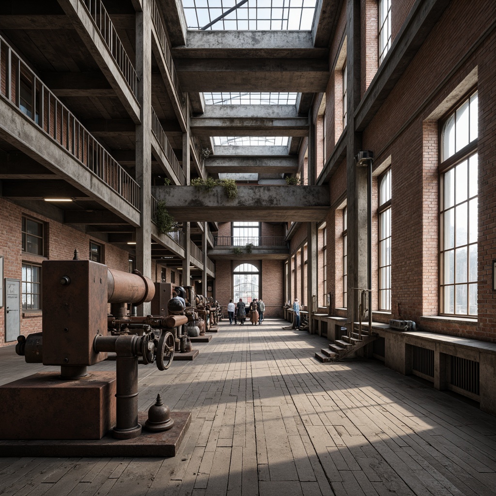 Prompt: Industrial heritage buildings, vintage machinery, distressed brick walls, rusty metal accents, worn wooden floors, classic factory windows, neutral color palette, earthy tones, muted blues, warm grays, creamy whites, rich browns, nostalgic atmosphere, soft natural lighting, high contrast ratios, dramatic shadows, realistic textures, ambient occlusion.