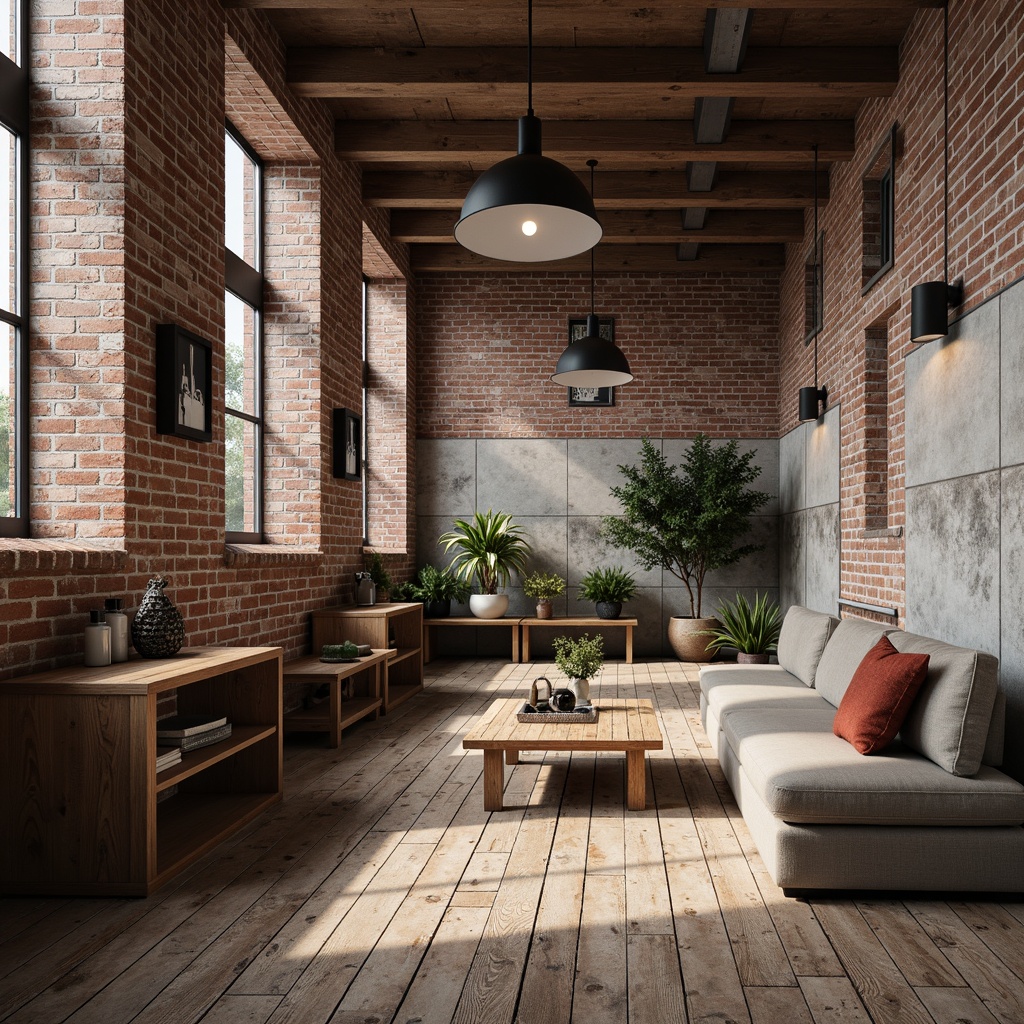 Prompt: Exposed brick walls, metallic accents, reclaimed wood flooring, industrial-style lighting fixtures, rugged concrete surfaces, distressed metal beams, minimalist decorative elements, functional storage solutions, urban loft atmosphere, neutral color palette, natural textures, warm ambient lighting, shallow depth of field, 1/1 composition, realistic renderings.