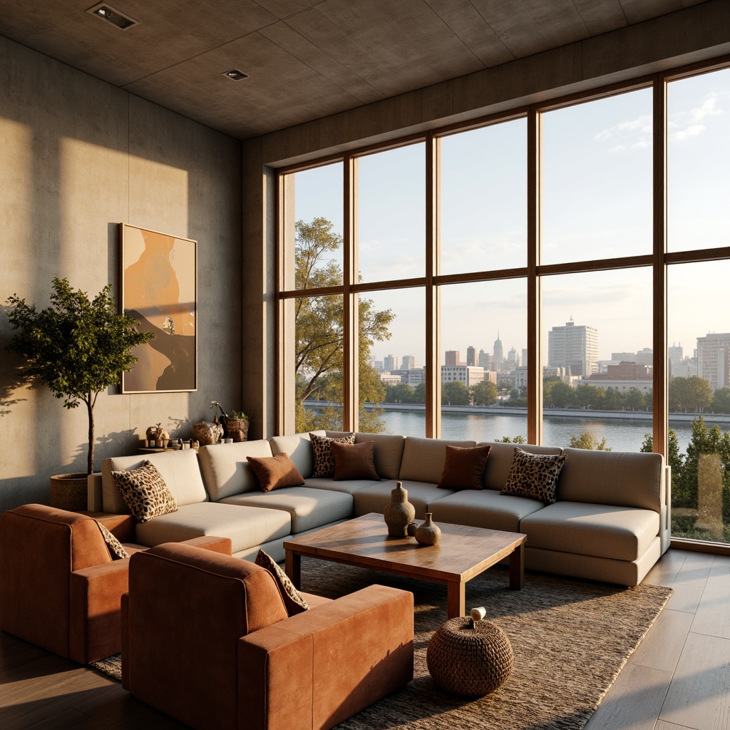 Prompt: Cozy living room, plush sofas, velvet armchairs, wooden coffee tables, soft cushions, warm lighting, natural textiles, woven baskets, earthy color palette, minimalist decor, modern art pieces, floor-to-ceiling windows, city skyline view, afternoon sunlight, 1/1 composition, shallow depth of field, realistic rendering.